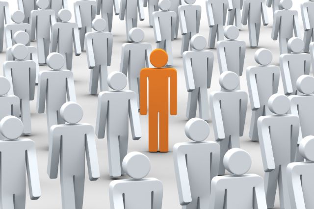 a graphic of a crowd of people, all of them are white but one in the middle stands out because he is orange
