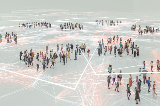 a visual display of people standing all over a map of the world with lines between showing the growth of a network