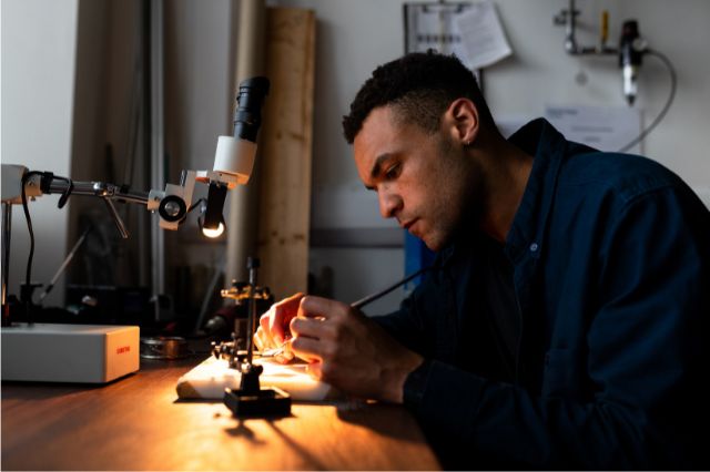a mechanical design engineer sitting at a desk working on a new project under a desk lamp